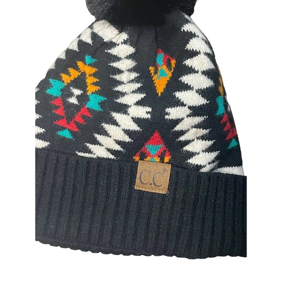 C.C Exclusive Women's Multicolor Soft Aztec Pattern Beanie with Faux Fur Pom - Picture 2 of 3
